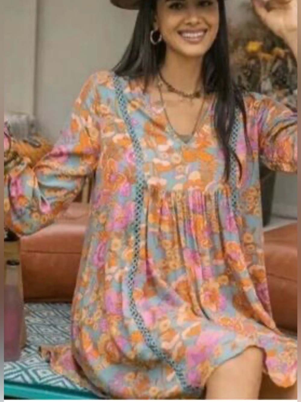 Rusttydustty Boho Floral V-Neck Smocked Tunic Dress with Floral Print Size 0XL